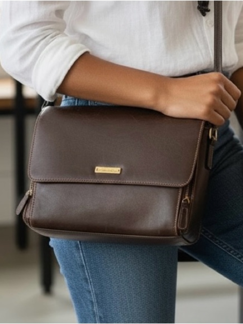 Liz Claiborne Dark Brown Leather Crossbody with Gold Plaque